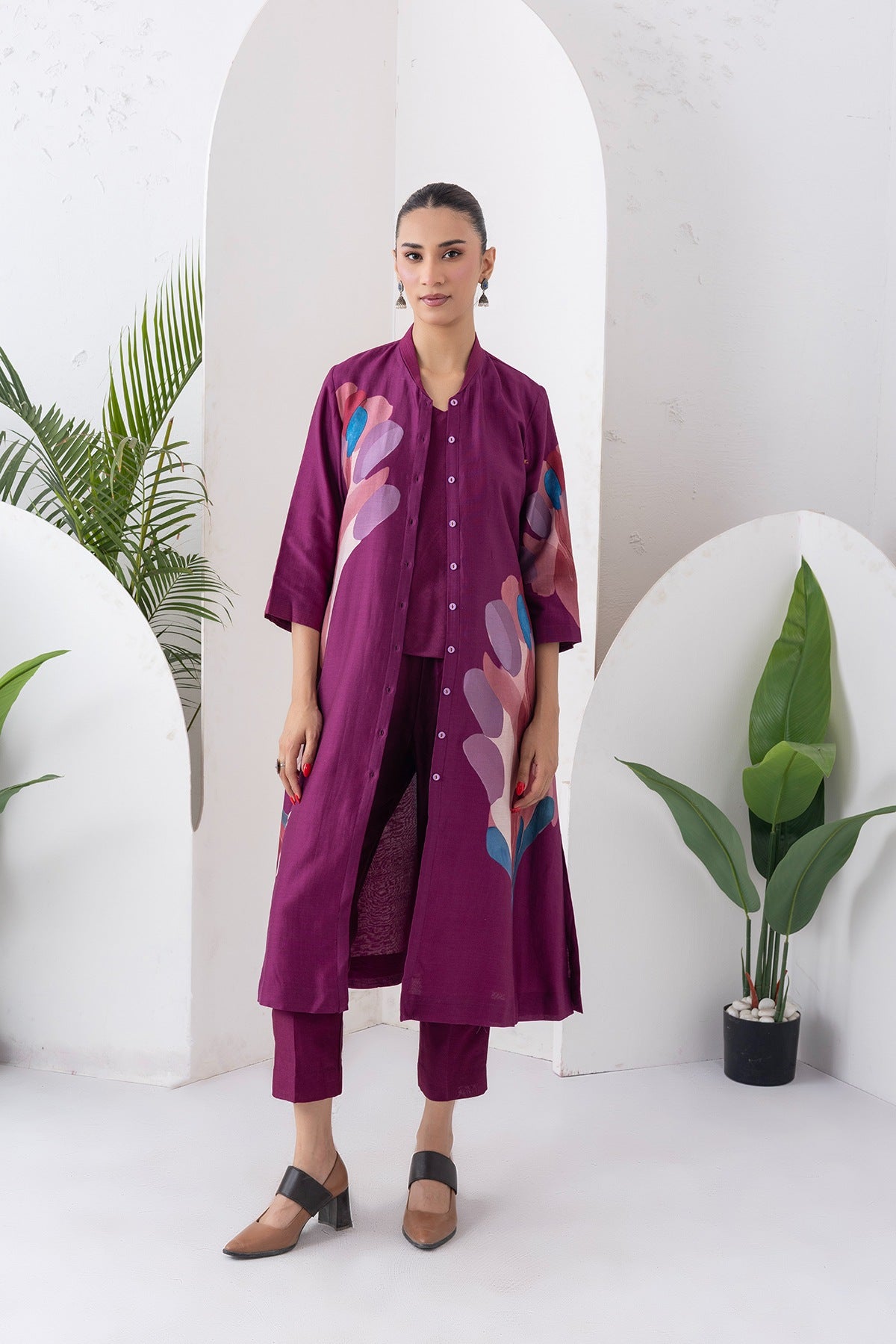 Wine Silk Chanderi Printed Dress Set (3 PCS)