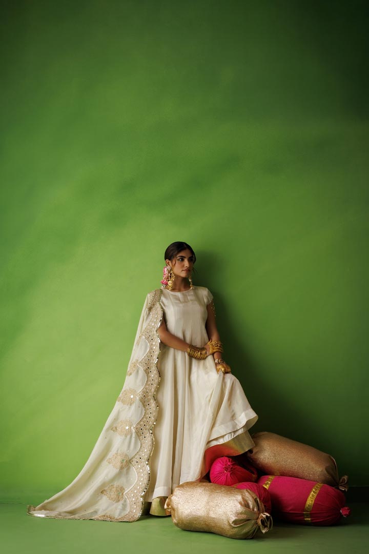 Beige tissue anarkali with scallop dupatta