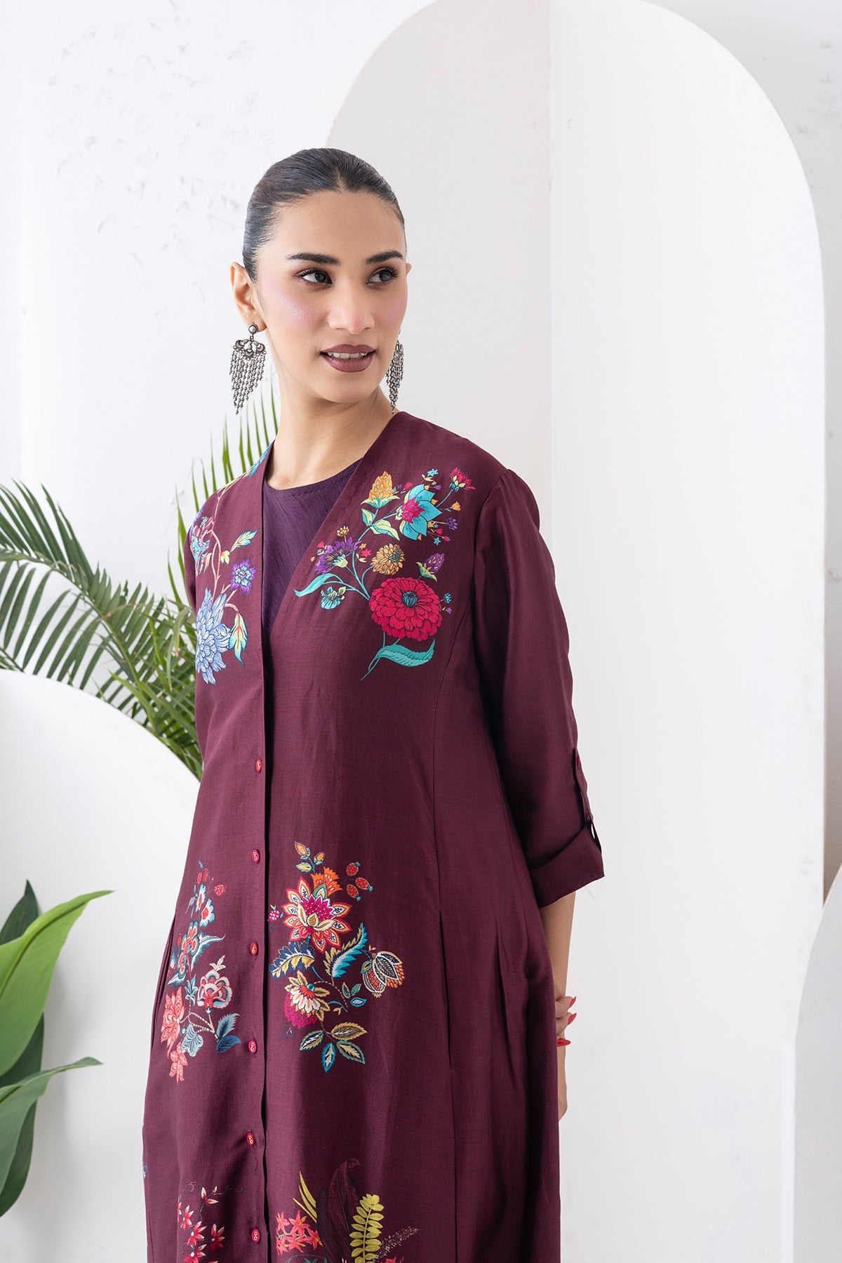Chocolate Brown Silk Chanderi Printed High-Low Dress Set (3 PCS)