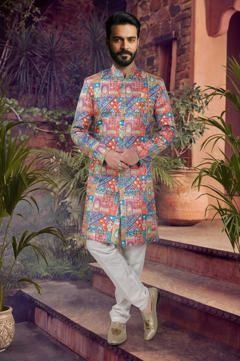 Men's SILK ORANGE(MULTI COLOURS)  SEMI-INDO-WESTERN
