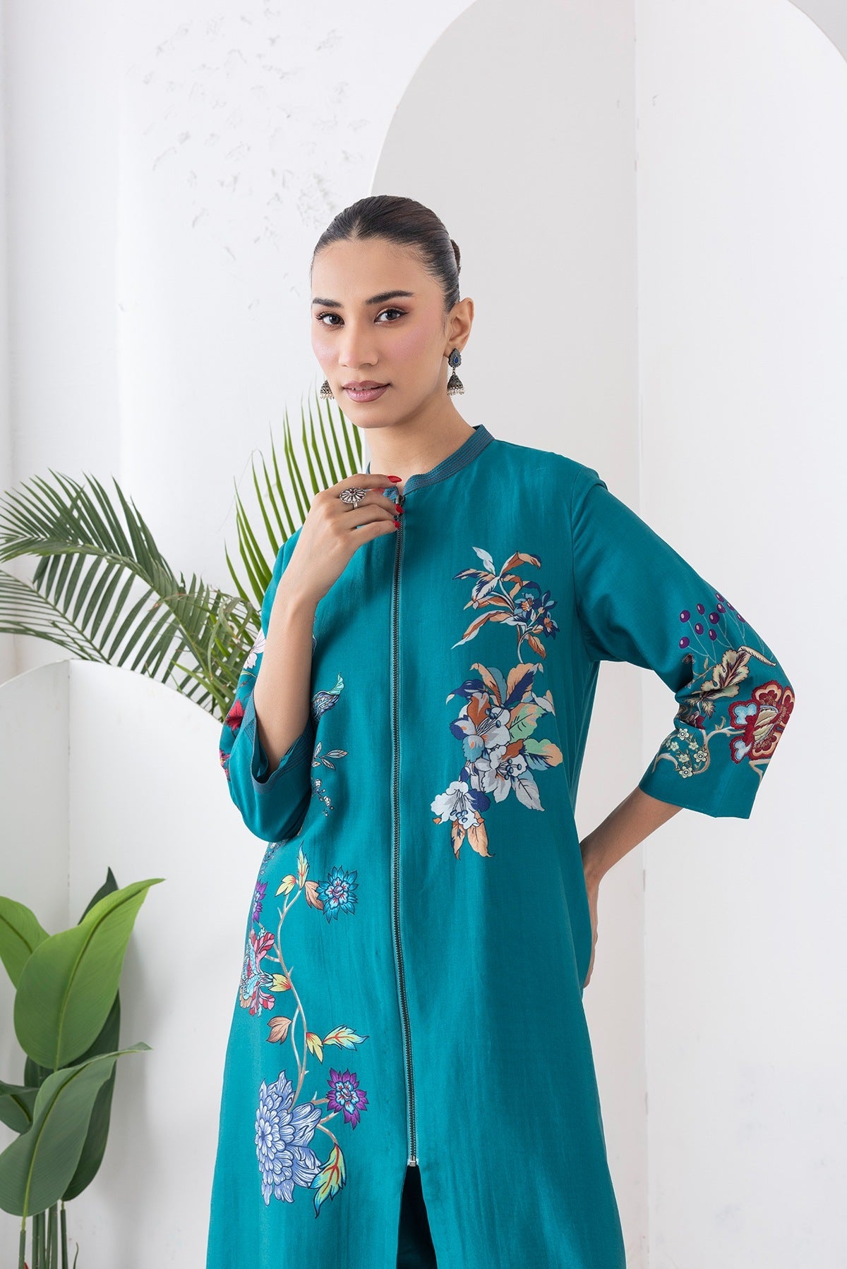 Emerald Silk Chanderi Floral Printed Front Open Dress Set (3 PCS)