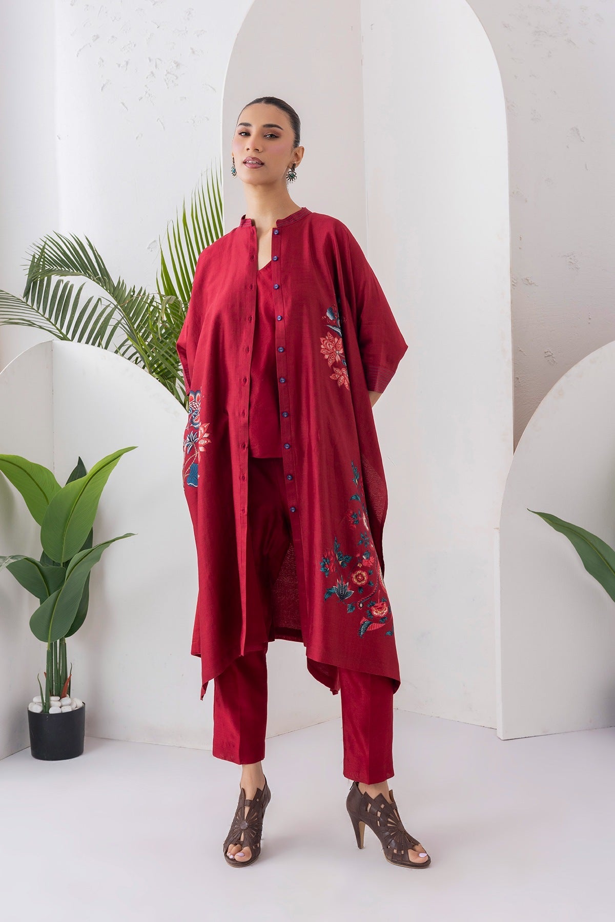 Maroon Silk Chanderi Printed Kaftan Style Dress Set (3 PCS)