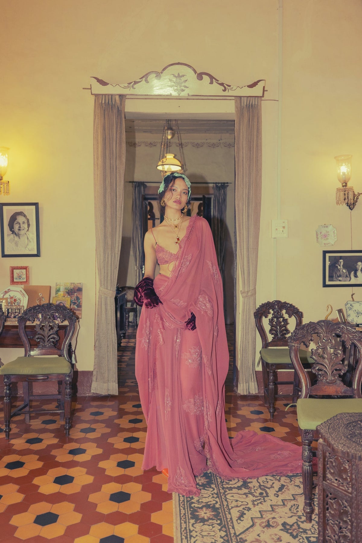 Vintage Rose, Zardosi & Bead Embroidery, Silk Georgette & Lace, Pre-Pleated Sari Set, Bralette Silhouette