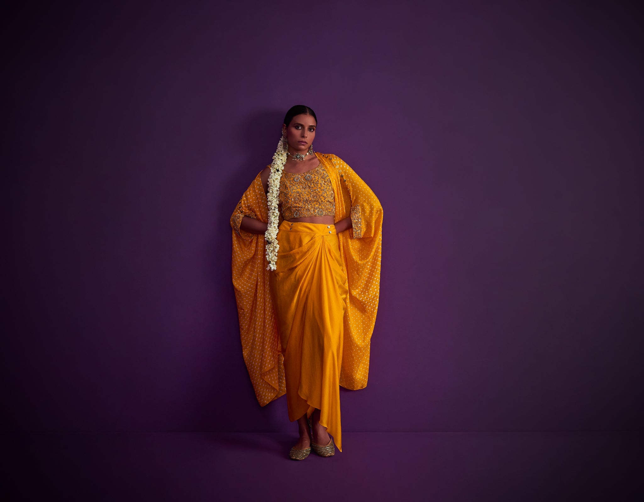 Bandhani Cape Set With Heavily Embroidered Crop Top