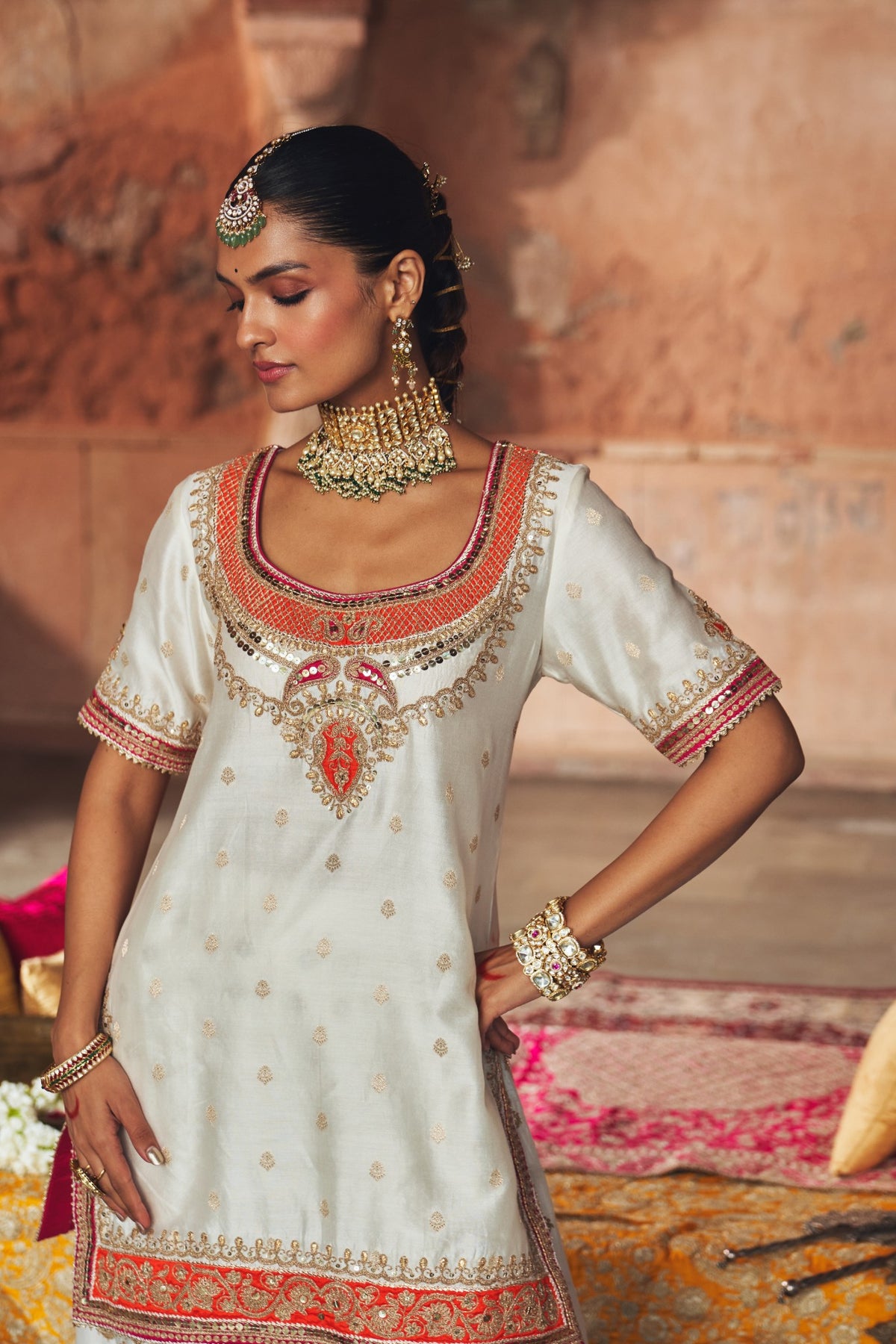 Ivory Banarasi Short Kurta Sharara Set with Organza Dupatta