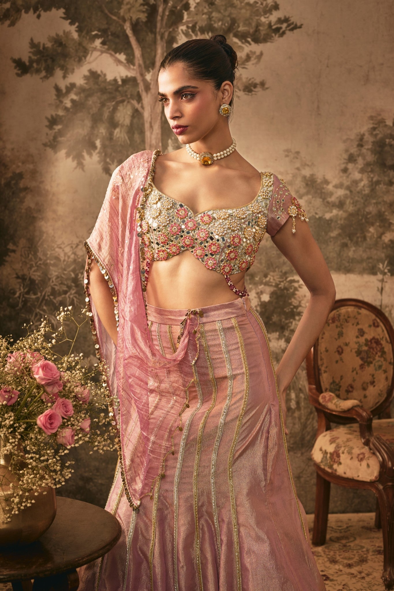 Dusty Rose Metallic Tissue Lehenga Set
