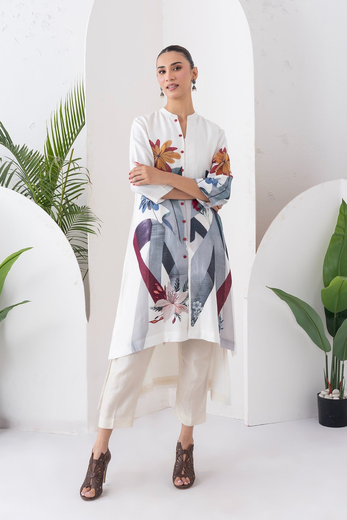 Ivory Silk Chanderi Printed High-Low Dress Set (3 PCS)