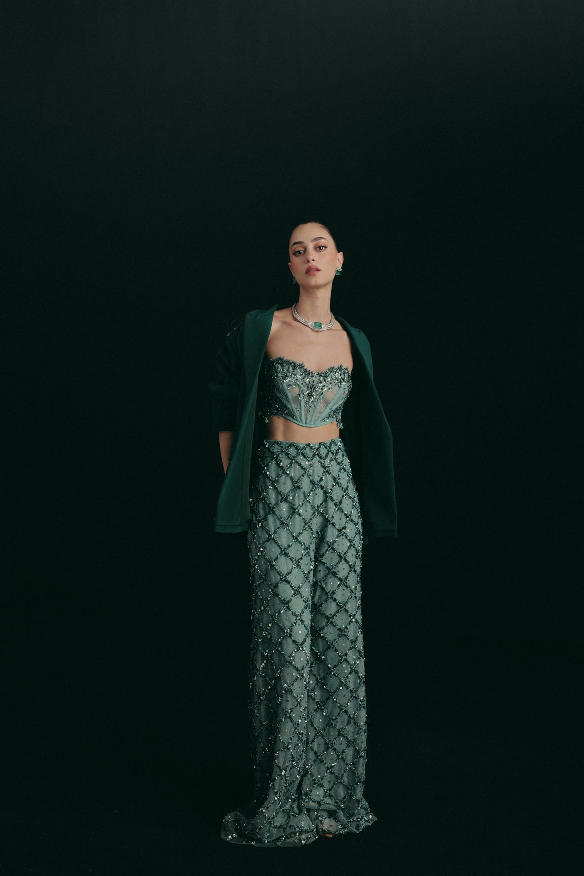 Zardosi Embroidery, Tulle & Silk with French Lace, Three Piece Set, Corset and Palazzo Silhouette