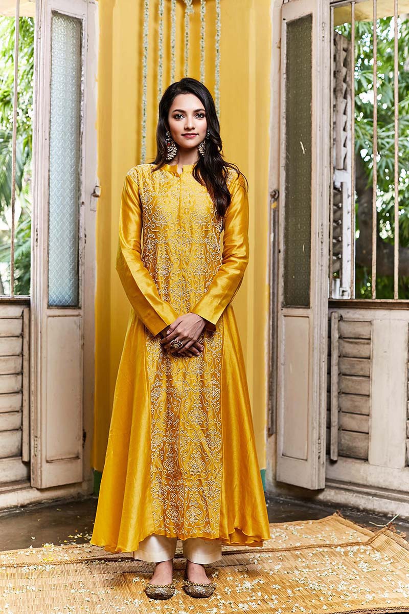 silk chanderi long asymmetrical tunic with pearl embroidered lotus jaal