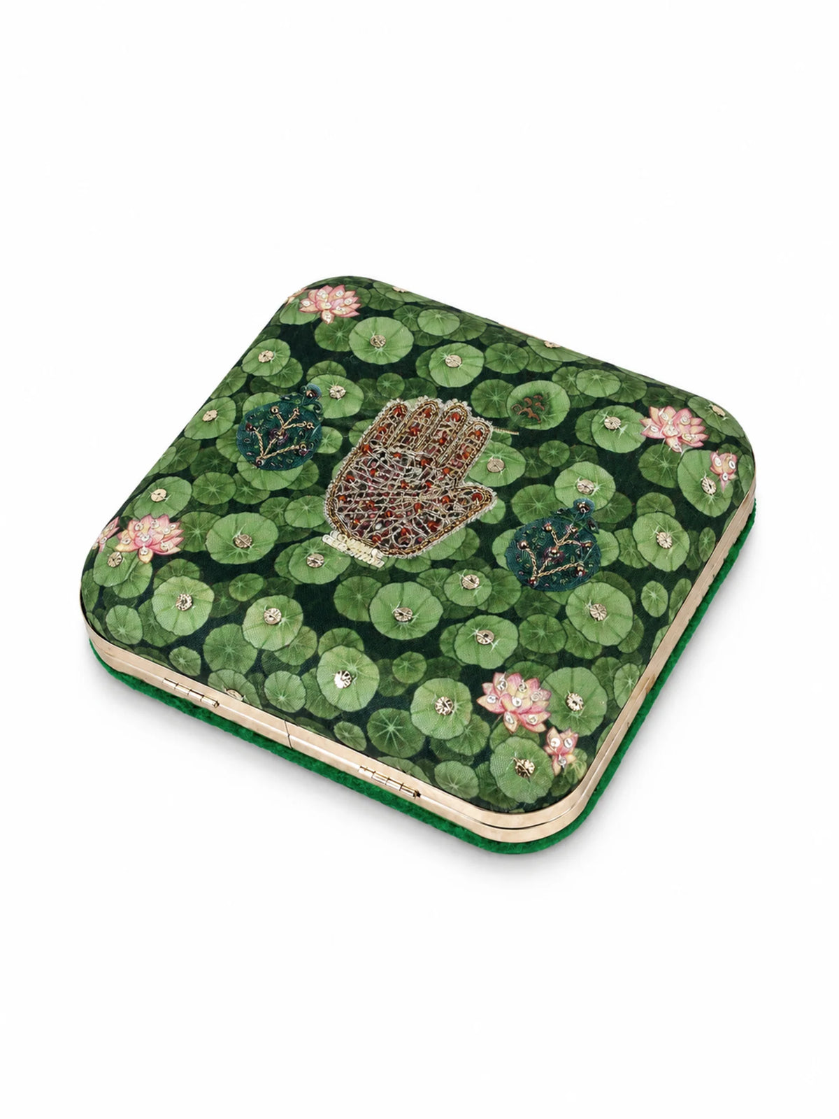 Green Lotus Pond Print Clutch Bag with Embroidered Jewel Palm & Gold Chain