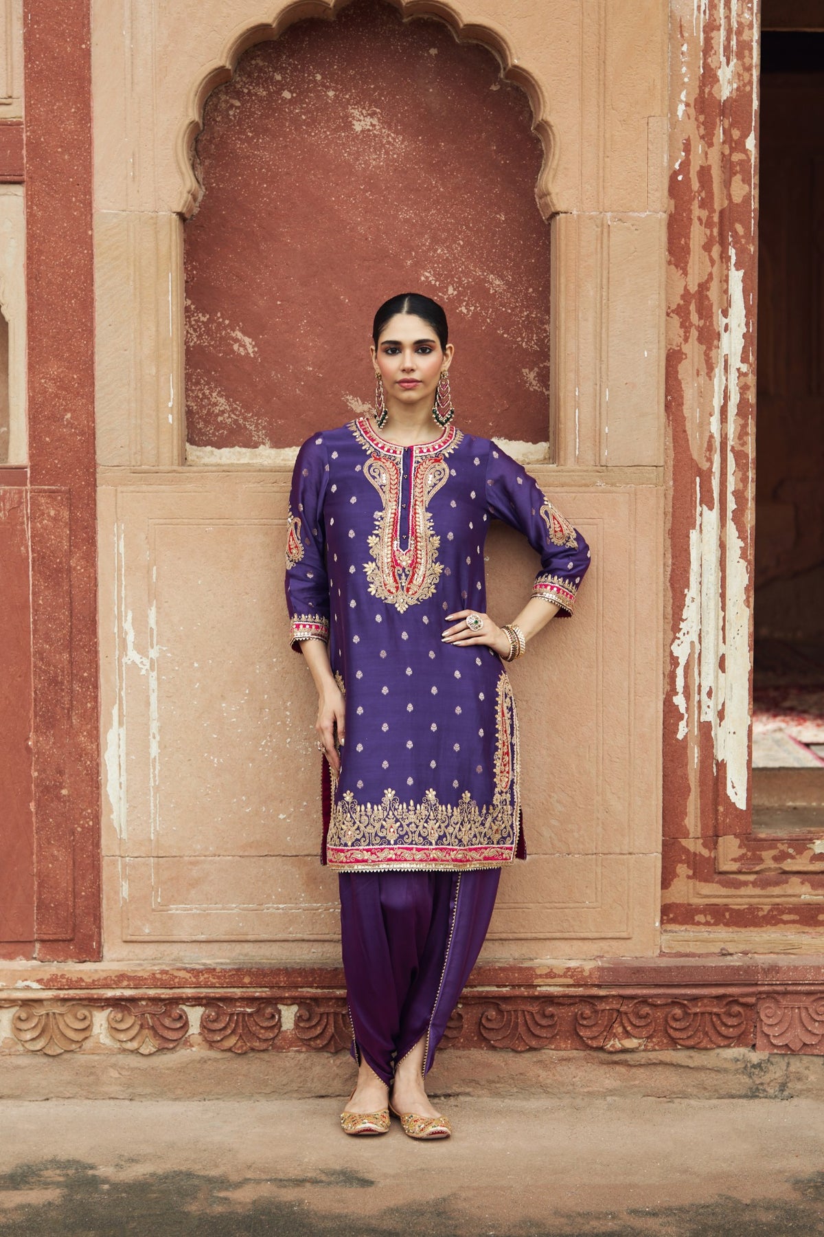 Deep Purple Silk Chanderi Short Kurta Dhoti Set for Festive Wear