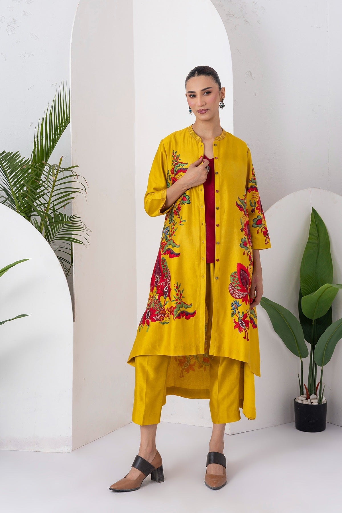 Yellow Silk Chanderi Printed Front Open Floral High-Low Dress Set (3 PCS)