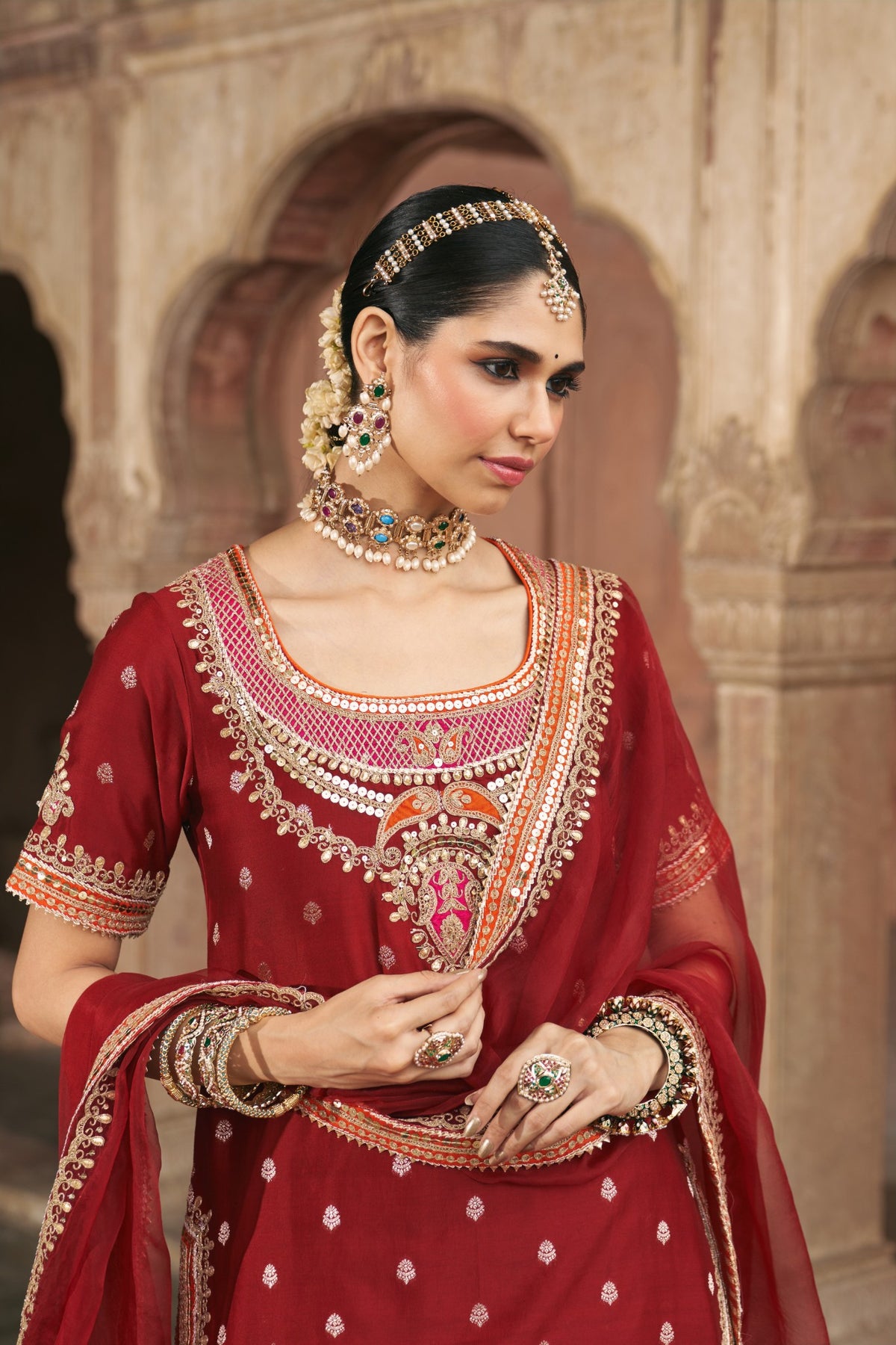 Deep Red Banarasi Short Kurta and Sharara Set with Dupatta