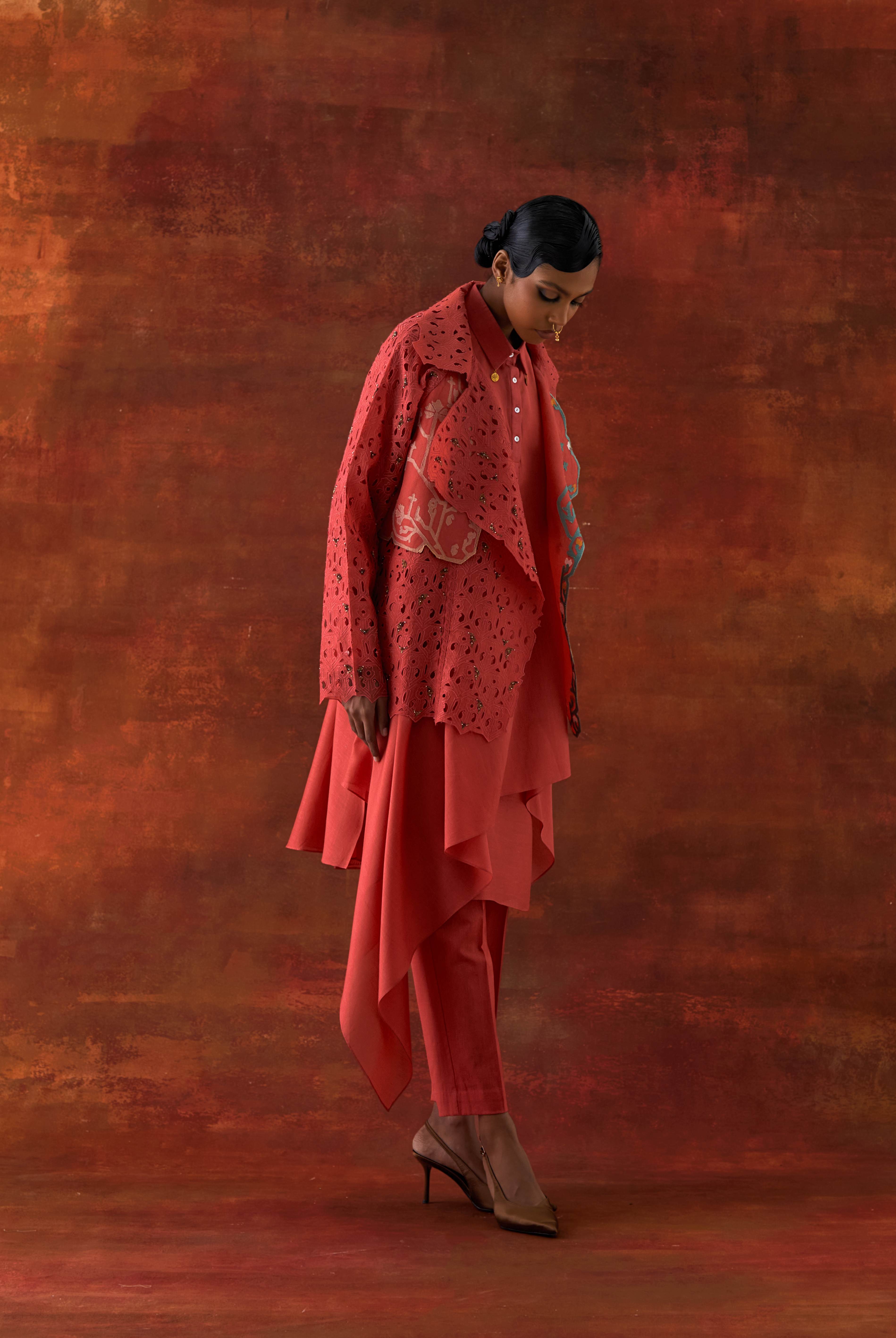 EMB ORGANZA SHORT TRENCH WITH DRAPED SHIRT AND PANTS - image 7