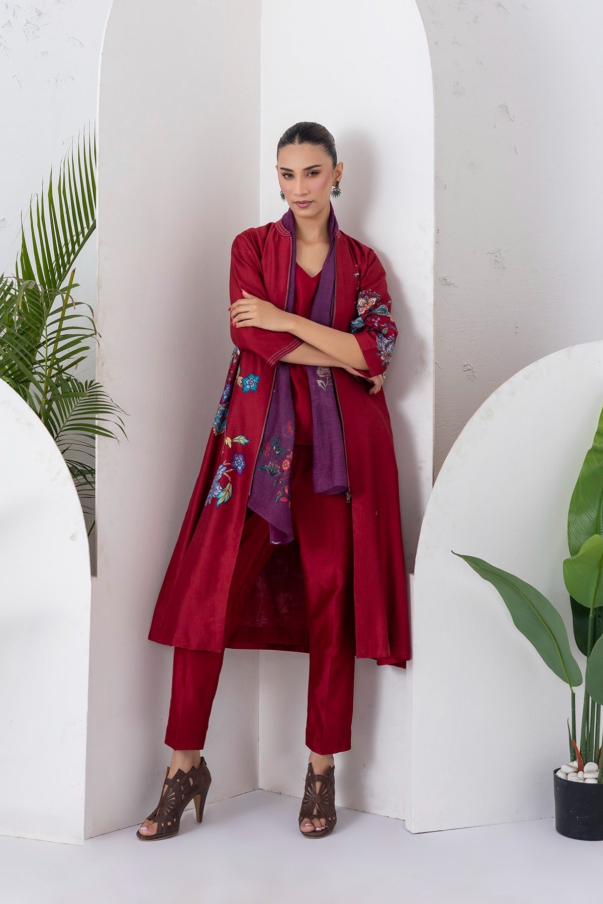 Maroon Silk Chanderi Floral Printed Front Open Dress Set (3 PCS)