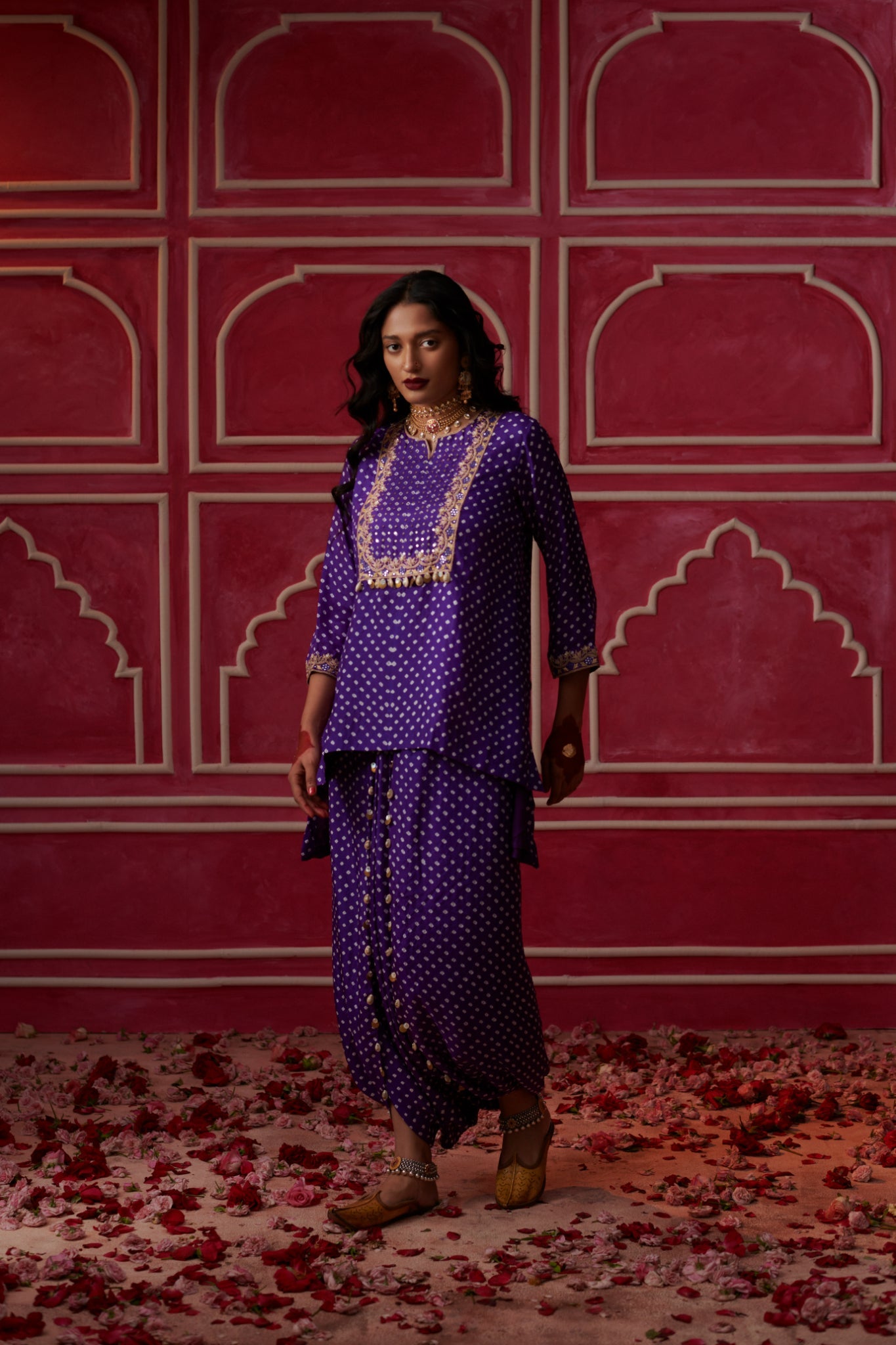 bandhni short kurta with drape trouser