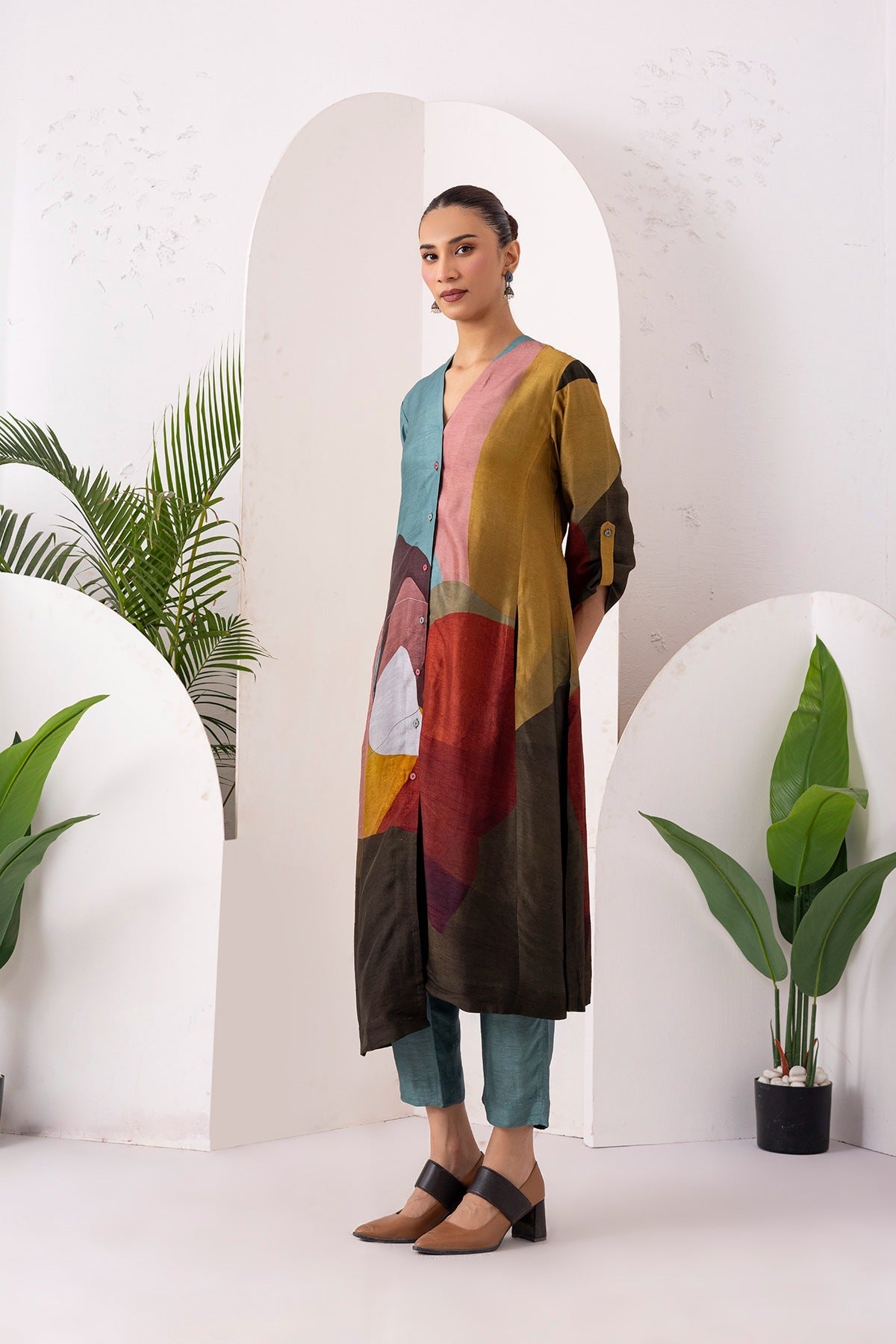 Multicoloured Viscose Dupion Printed Dress Set (2 PCS)