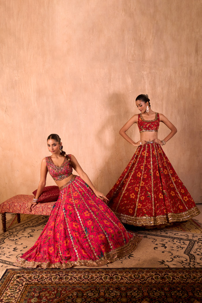 RED PRINT EMBROIDERED CHOLI, LEHENGA AND DUPATTA SET - image 7