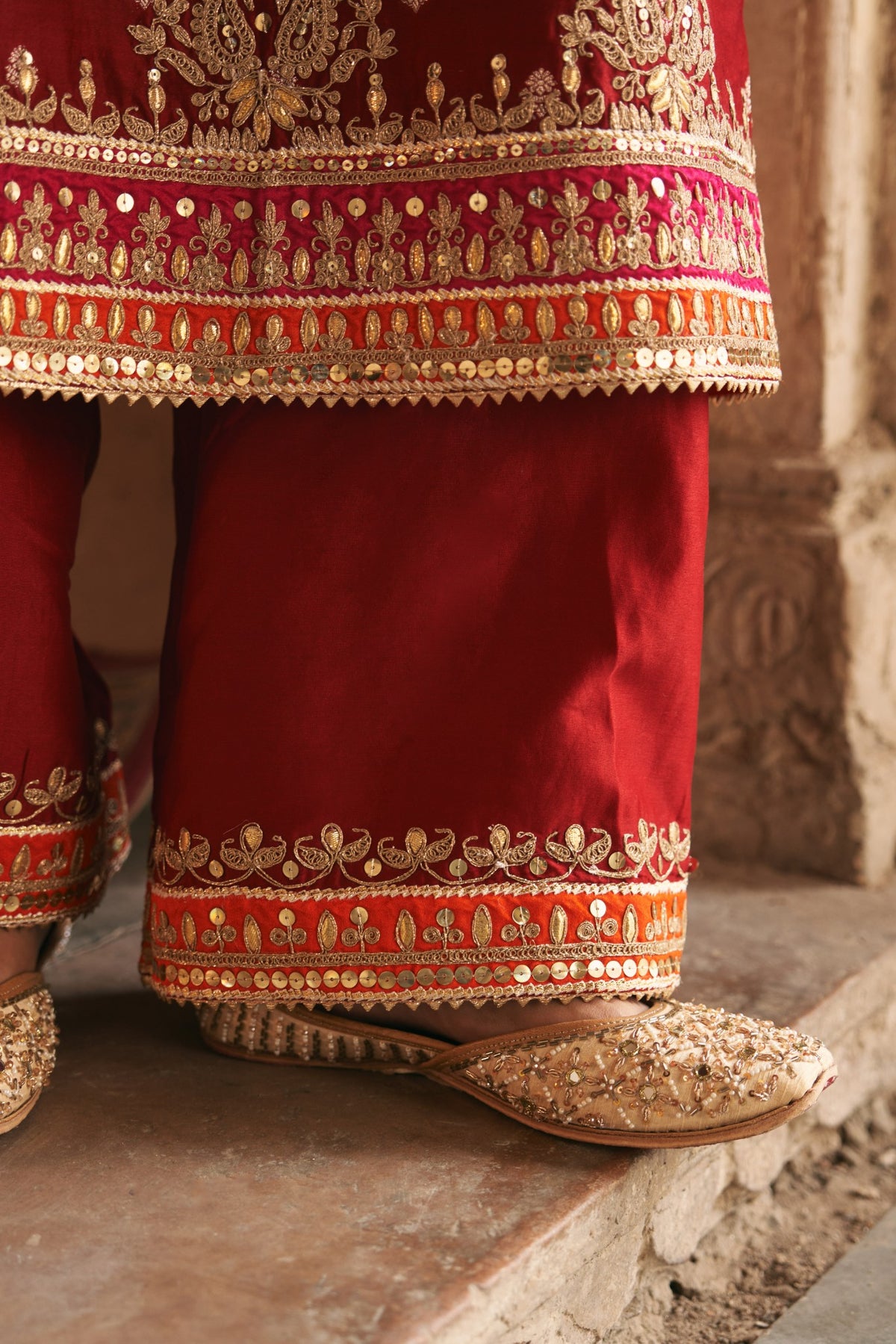 Deep Red Embroidered Kurta Set with Silk Organza Dupatta