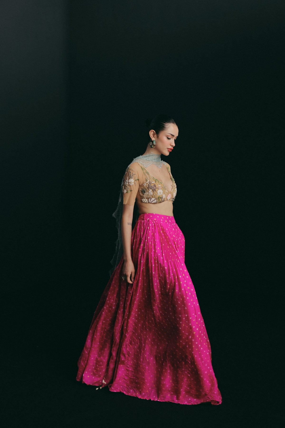 Shell Motif Embroidery, Stretch Tulle & Handwoven Silk Bandhini, Skirt Set, Underwired Blouse Silhouette