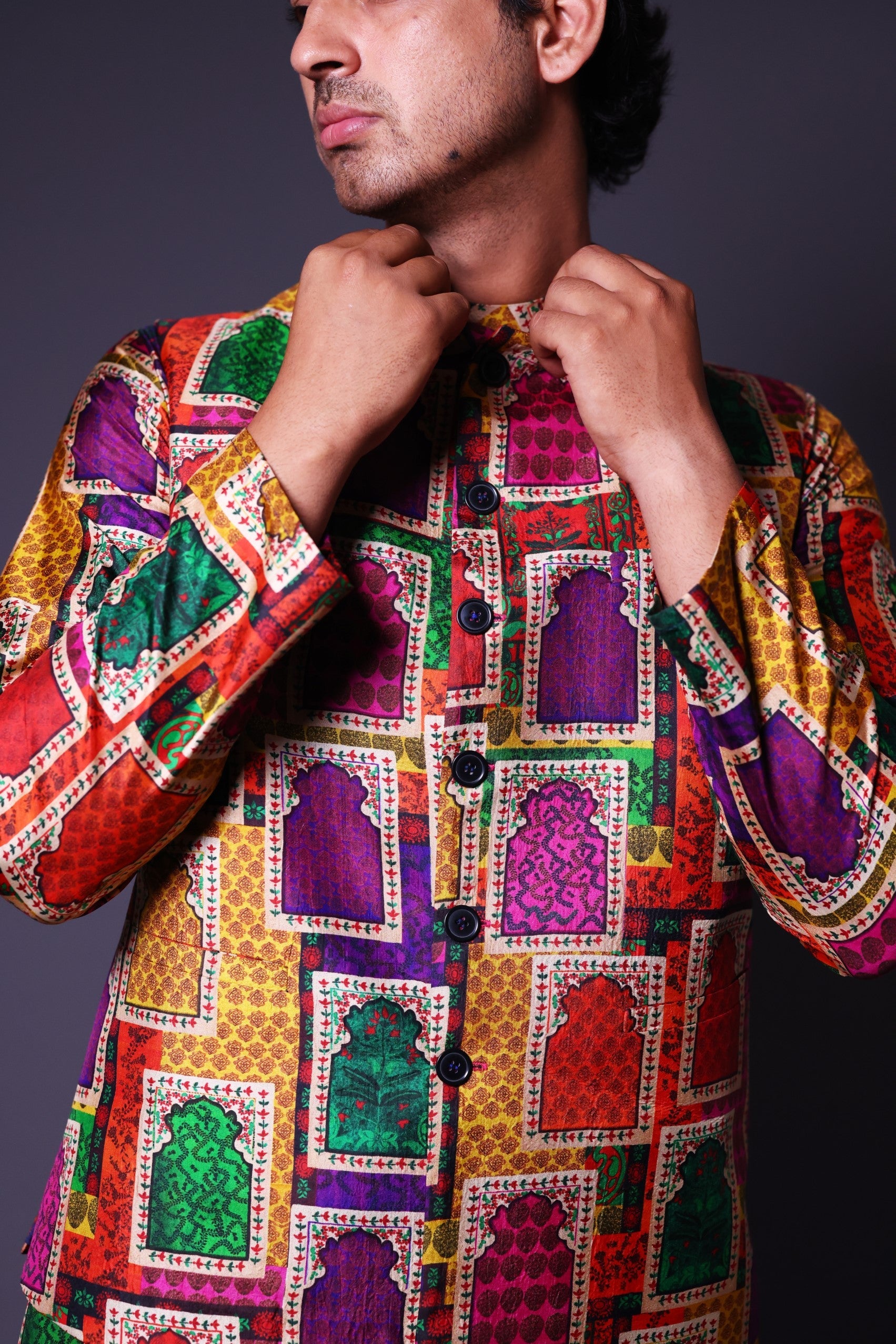 Nehru Jacket with asymmetrical
 kurta and pant