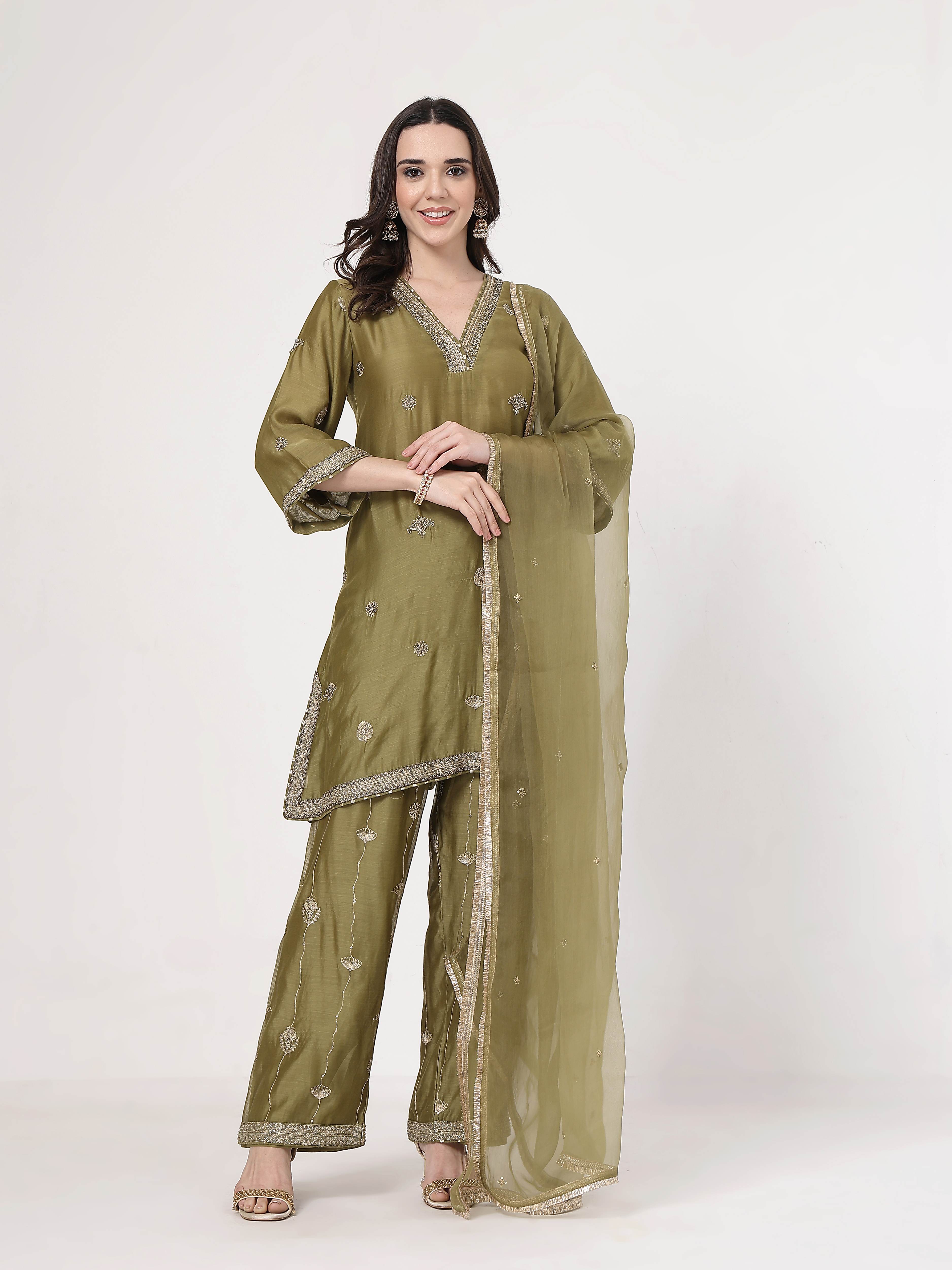 Olive Green Embroidered Suit Set