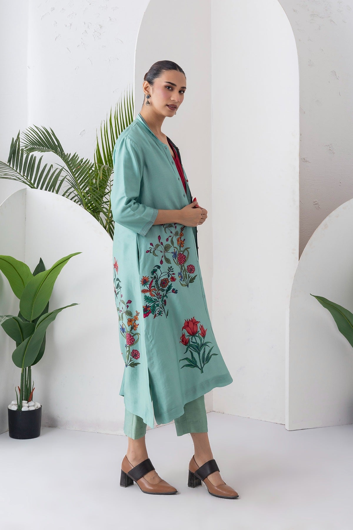 Mint Silk Chanderi Floral Printed Front Open Dress Set (3 PCS)