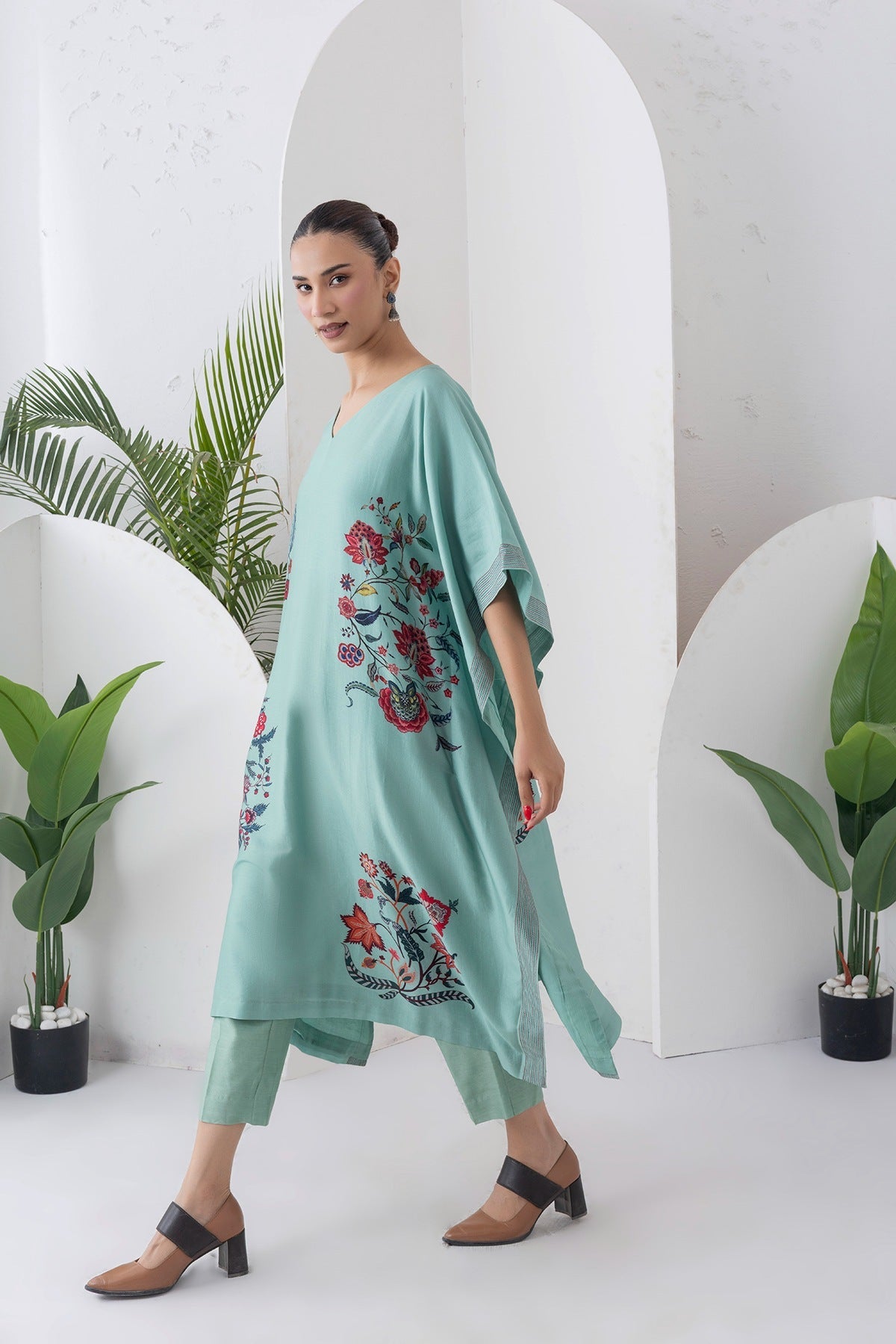 Mint Silk Chanderi Chintz Printed Kaftan Set (2 PCS)