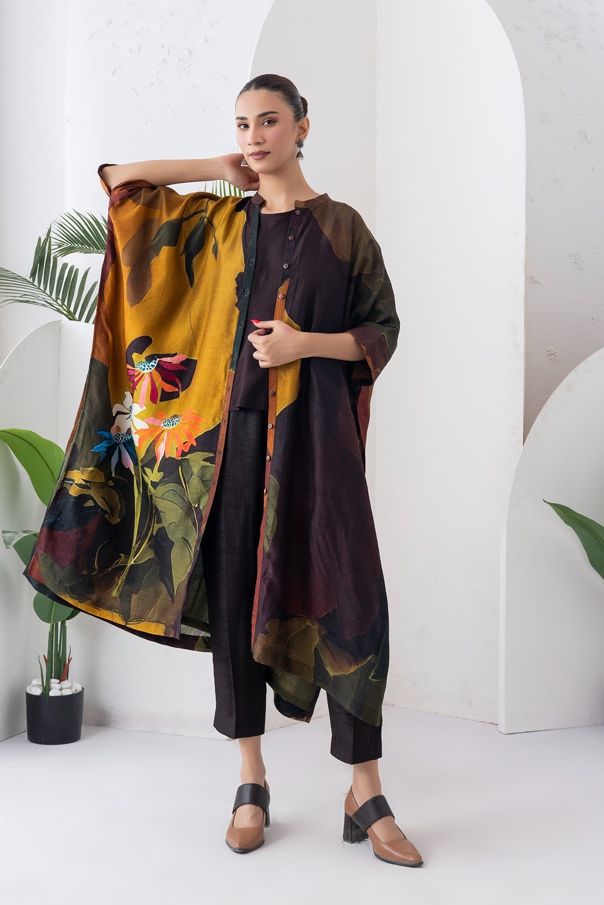 Mustard & Brown Viscose Dupion Printed Kaftan Style Dress Set (3 PCS)
