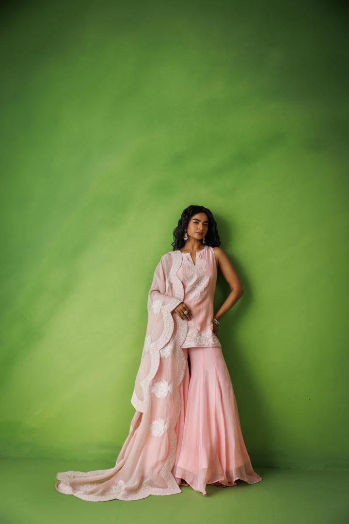 Baby pink flared sharara set