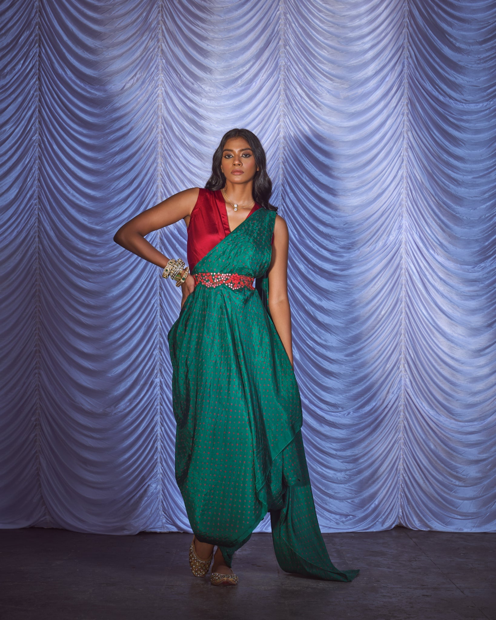 Black red bandhni drape saree