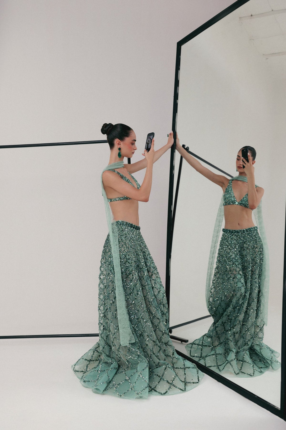 Sequin & Zardosi Embroidery, Soft Tulle & Silk with French Lace, Skirt Set, Blouse and Flared Silhouette