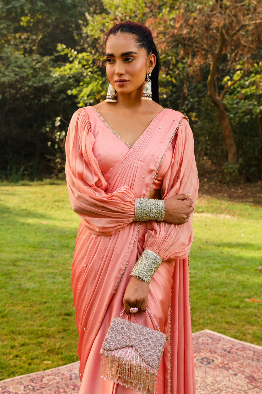 Ayesha Peach Pre-Stitched Drape Saree with Princess Sleeve Blouse