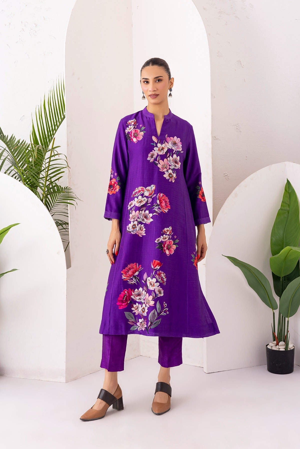Royal Purple Silk Chanderi Printed Tunic Set (2 PCS)
