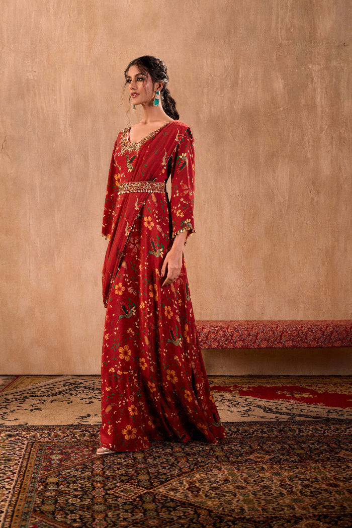 RED PRINT EMBROIDERED ANARKALI WITH DRAPE AND BELT SET - image 7
