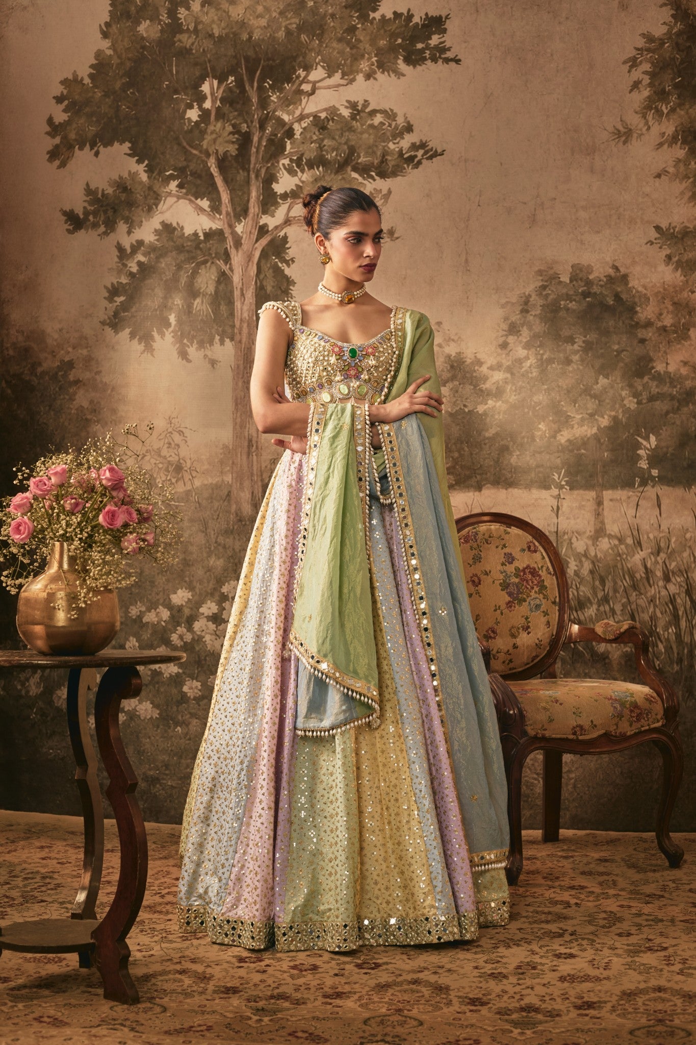 Multi colored sequins and mirror embroidered lehenga set