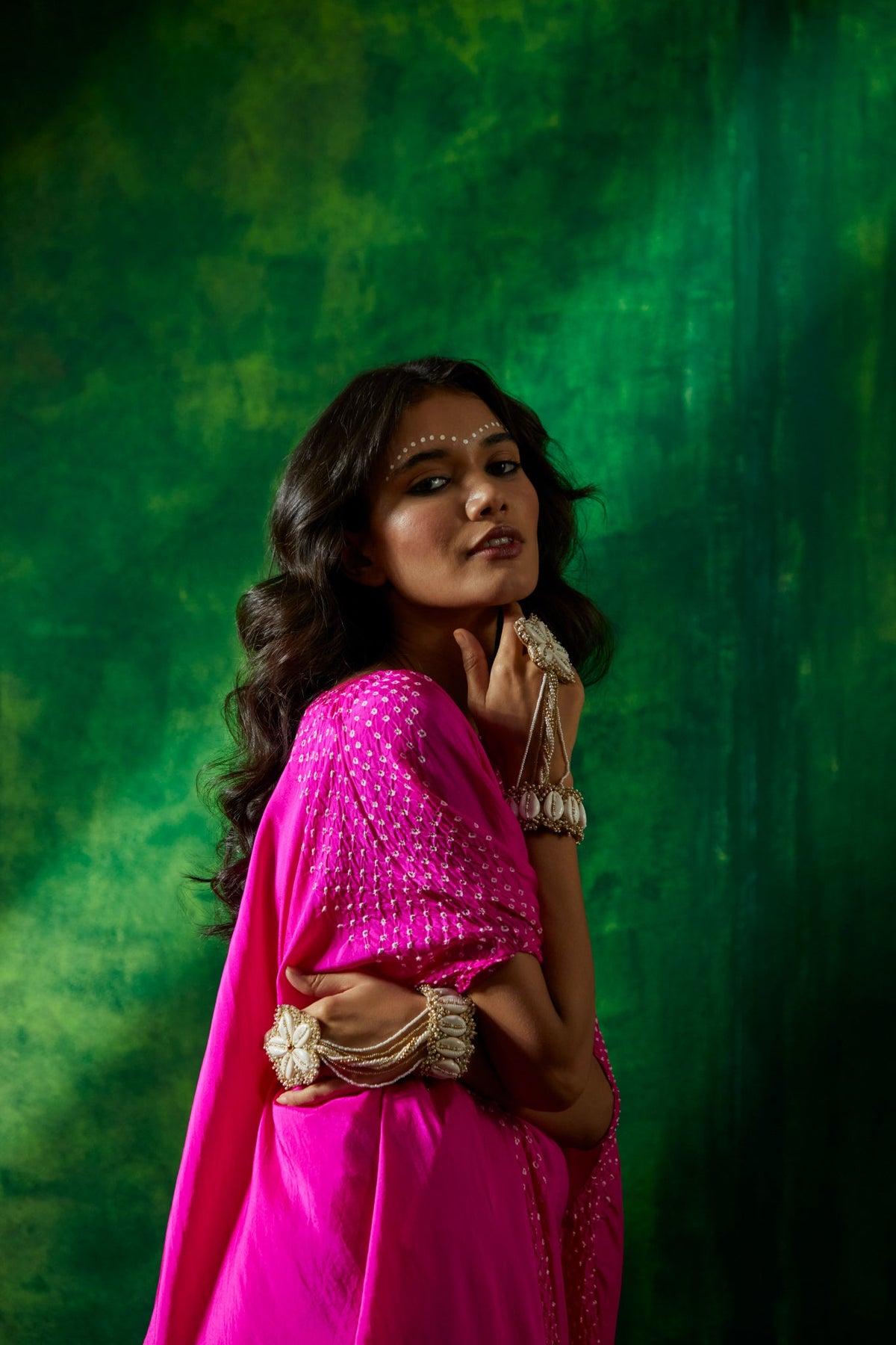 Bandhni asymmetrical cape with drape skirt
