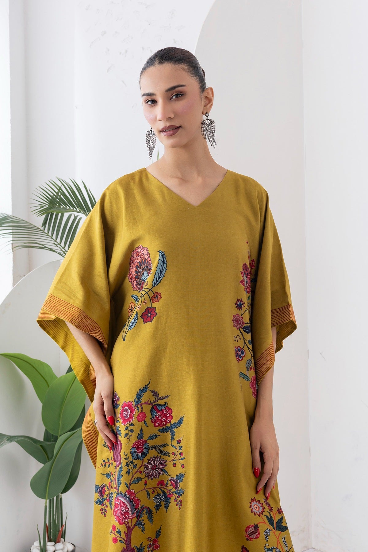 Mustard Silk Chanderi Chintz Printed Kaftan Set (2 PCS)
