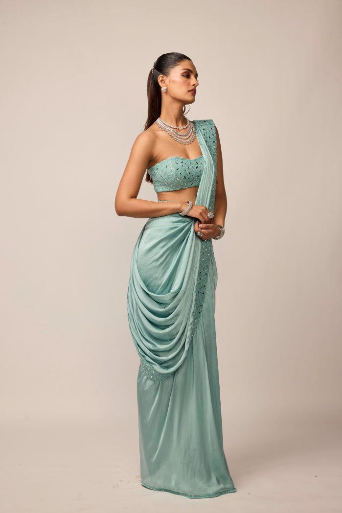 Powder Blue Satin Draped Saree Set