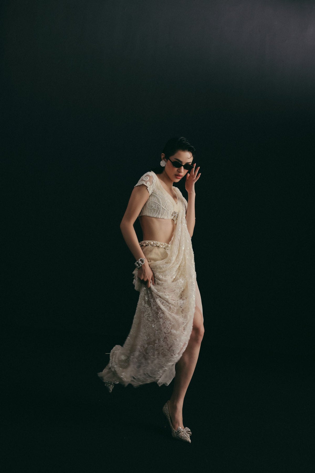 Art Deco Embroidery, Silk & French Lace, Stitched Sari Set, Draped Silhouette
