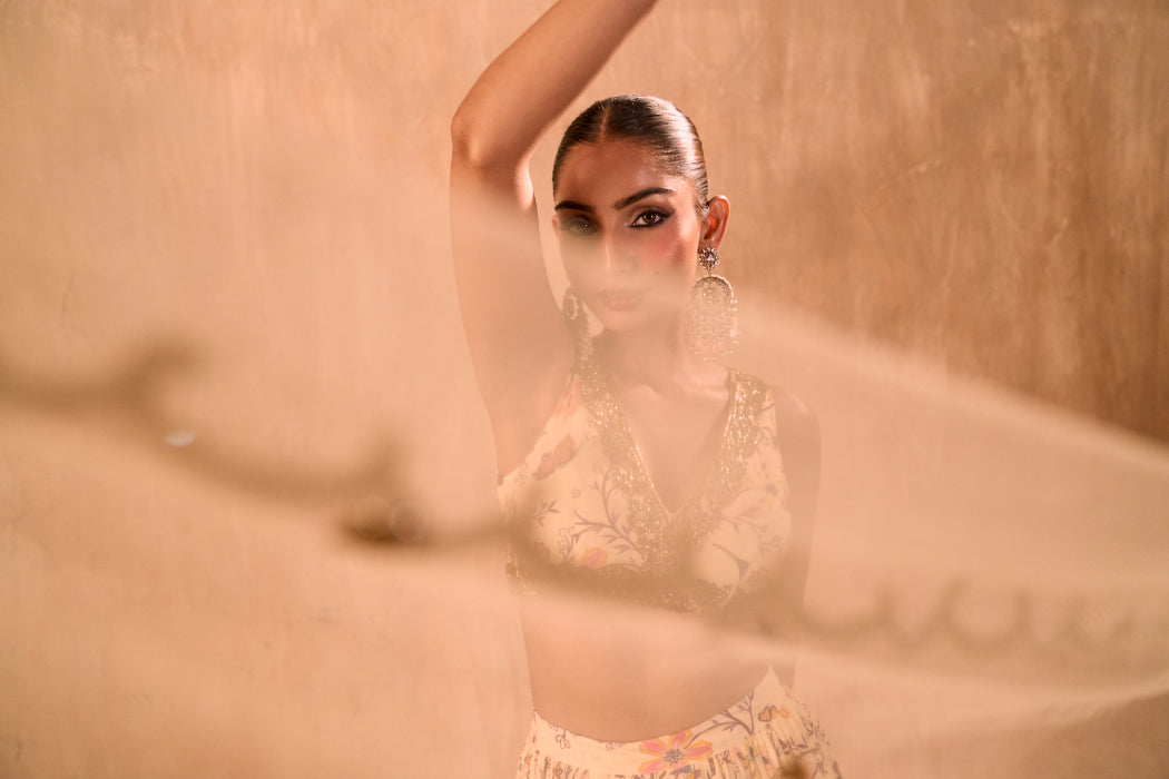 IVORY PRINT EMBROIDERED CHOLI, LAYERED LEHENGA AND DUPATTA SET - image 7