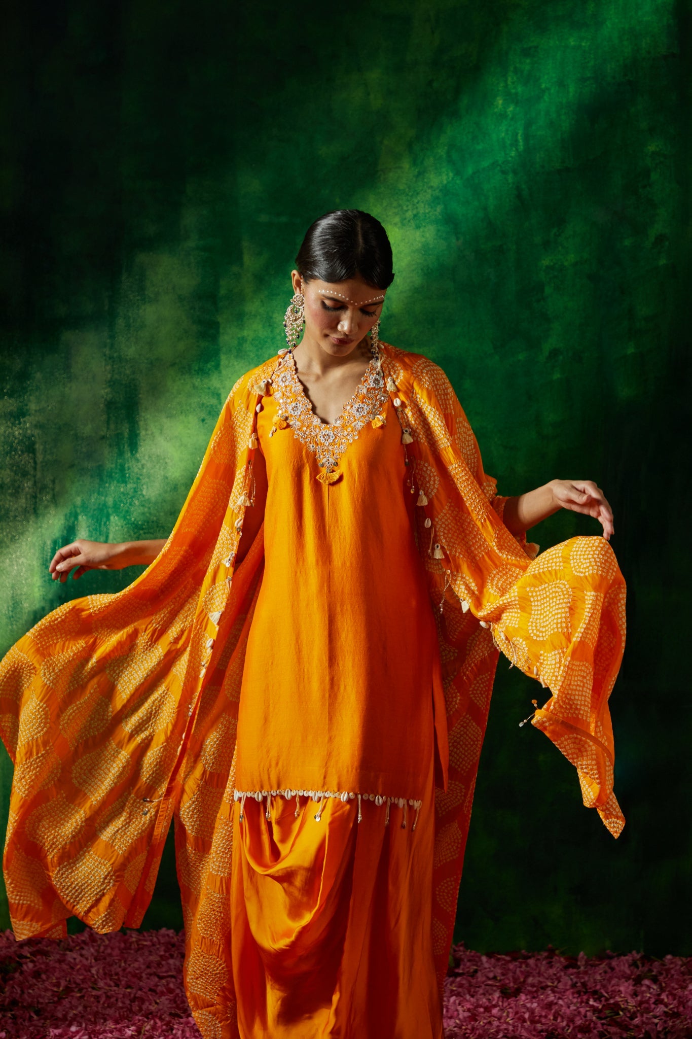 Bandhni cape set with chanderi kurta and dhoti skirt