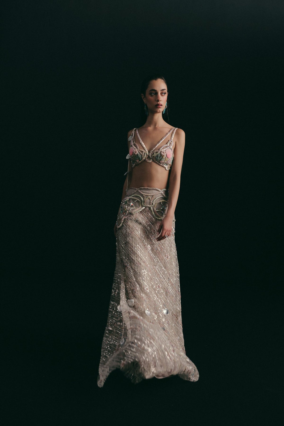 Beaded & Mukaish Embroidery, Tulle & Silk with Lace Detailing, Skirt Set, Crop Silhouette