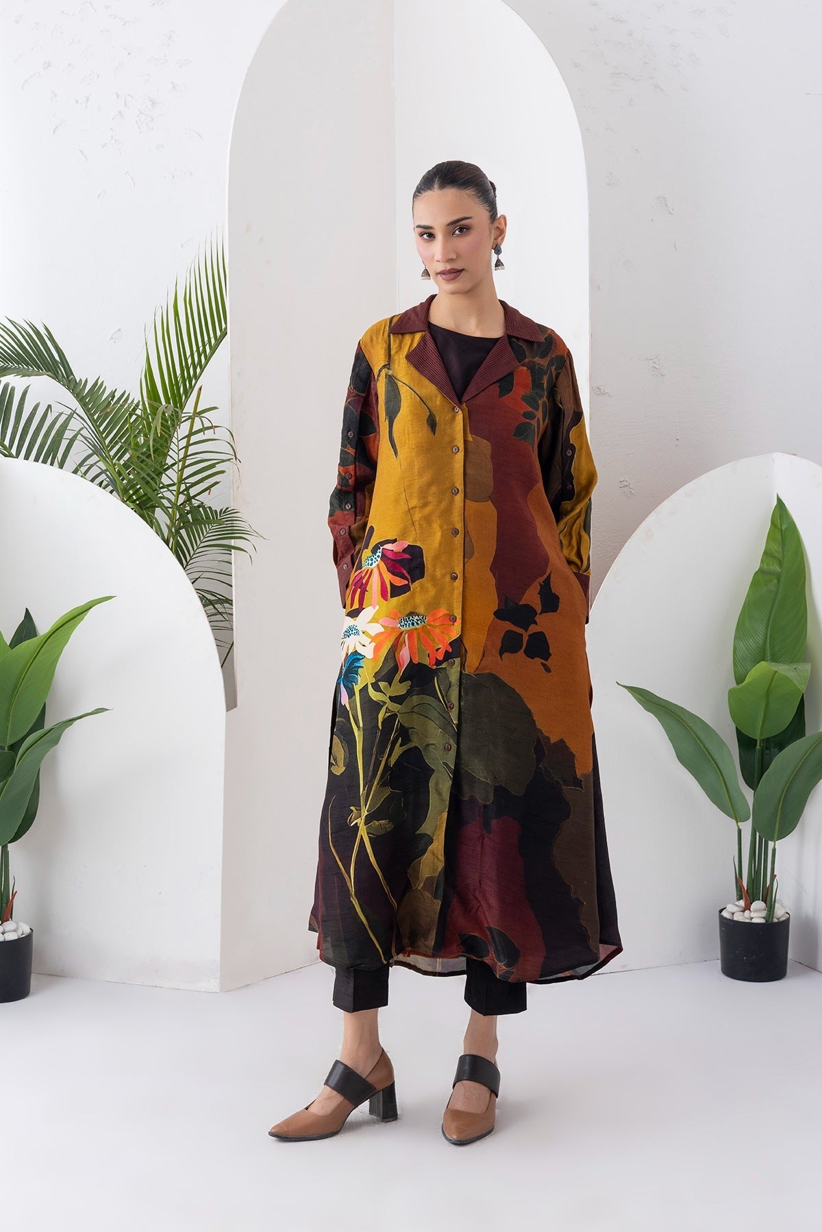 Mustard & Brown Viscose Dupion Printed Front Open Dress Set (3 PCS)