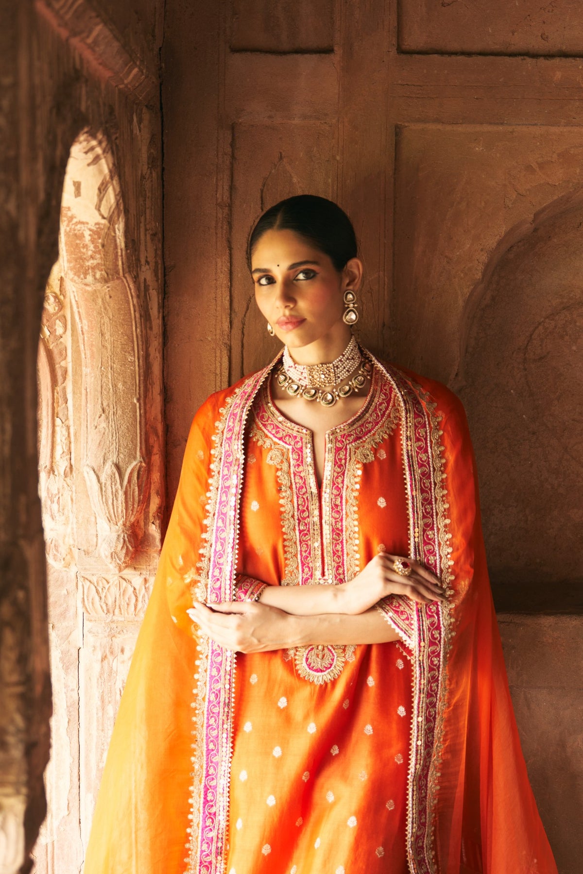 Burnt Orange Embroidered Kurta Set with Silk Organza Dupatta