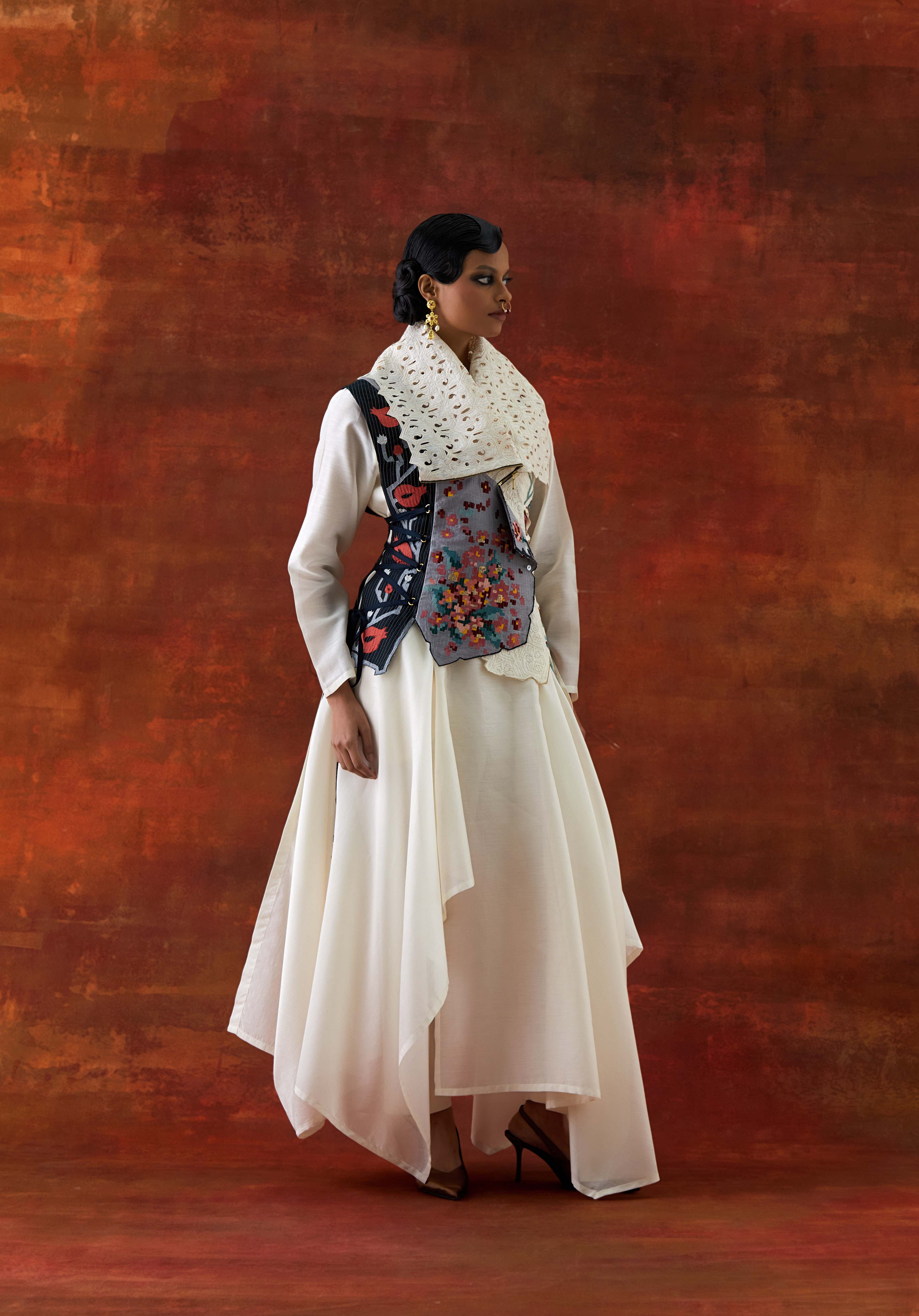 DRAPED COLLAR SIDE TIE UP JACKET WITH V NECK DRAPED KURTA AND PANTS - image 7