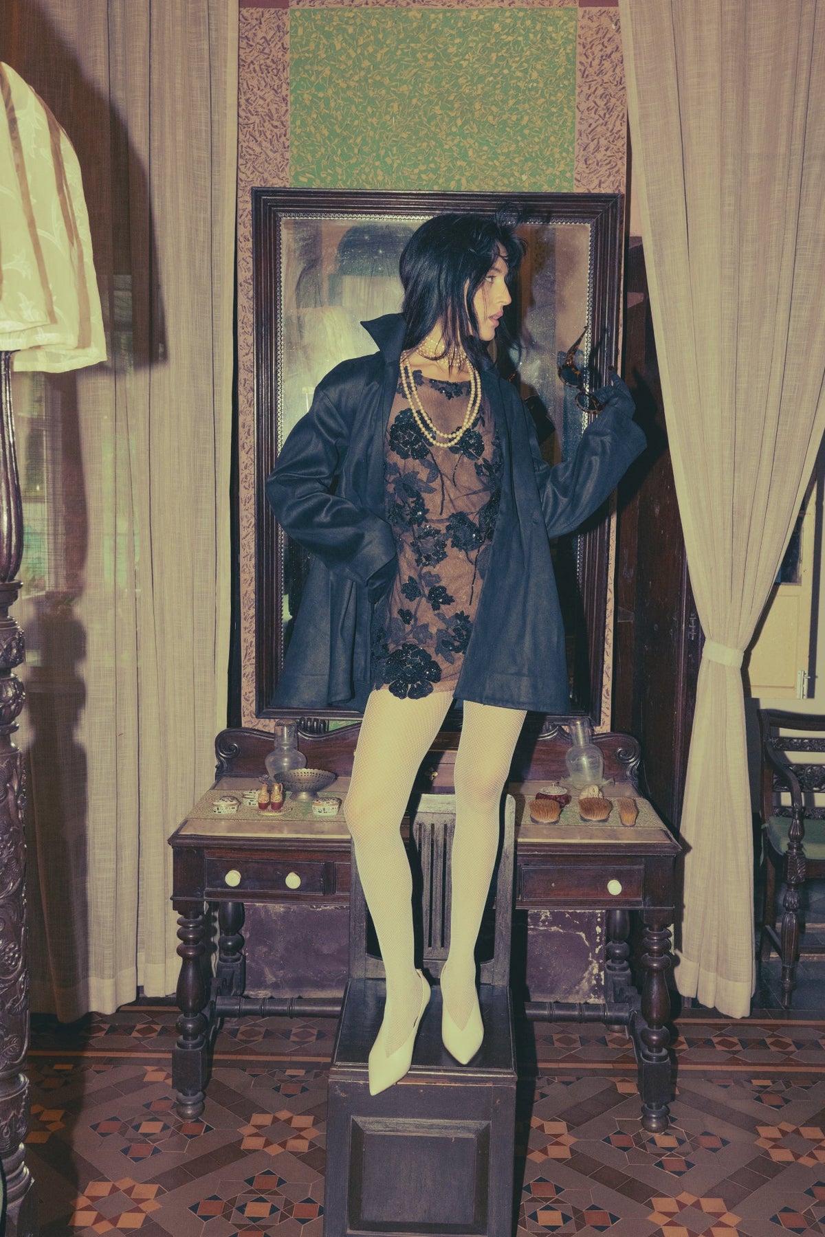 Black, Persian Embroidery, Tulle & French Lace, Shift Dress, Negligee Silhouette