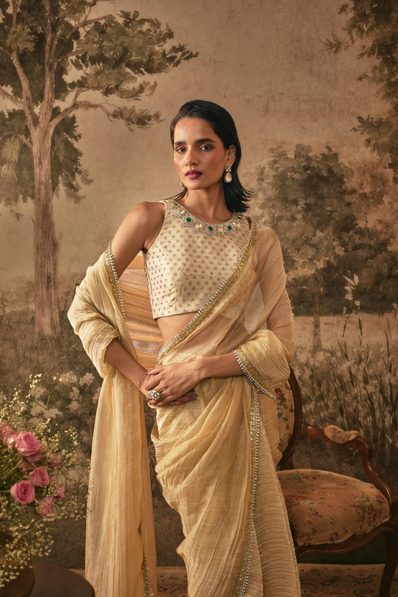 Champagne Gold Metallic pre-pleated Tissue Saree Set