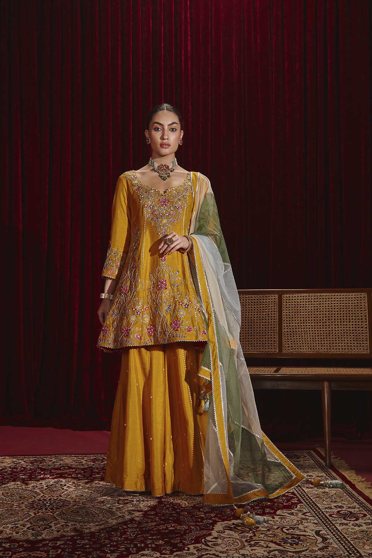 Anahita Mustard Embroidered Dupion Silk Kurta & Garara Set