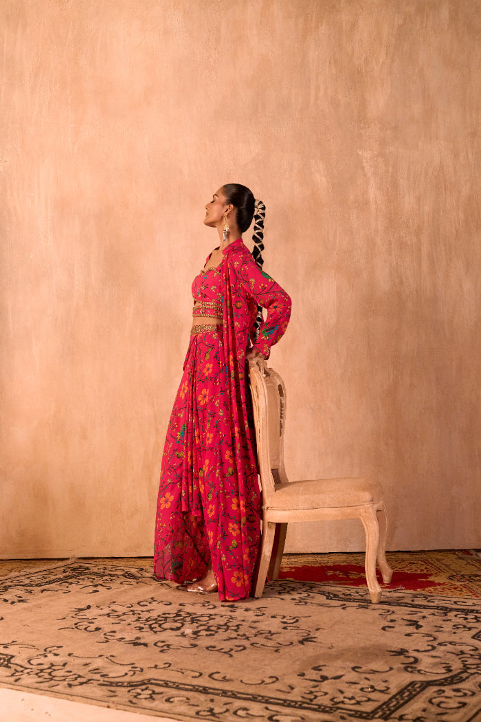 PINK PRINT EMBROIDERED CHOLI, DRAPED SKIRT AND JACKET SET - image 7